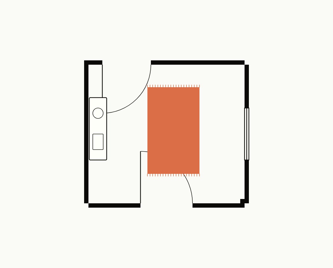 Entryway floor plan, top down, with a 3x5 rug on the walk line between the two doors and a console on the wall