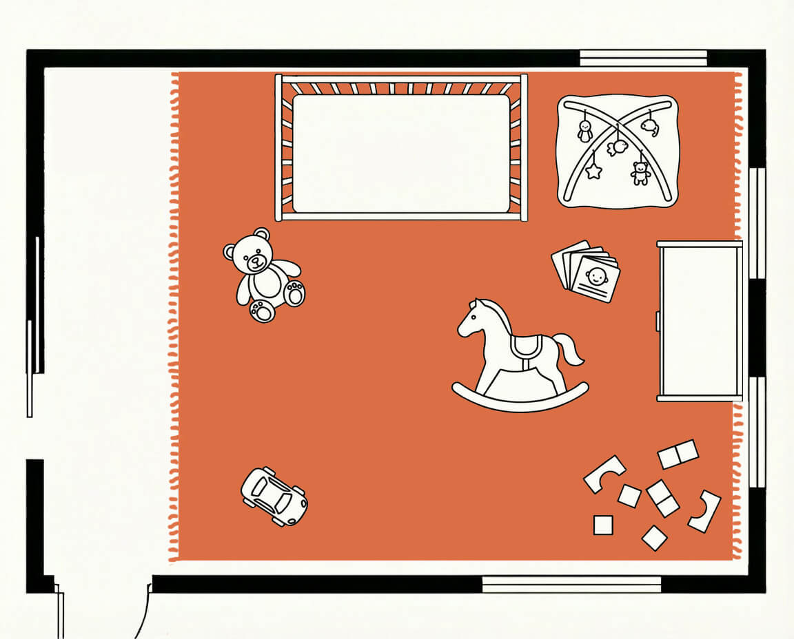Nursery floor plan, top down, with an 8x10 rug covering the crib and play zone
