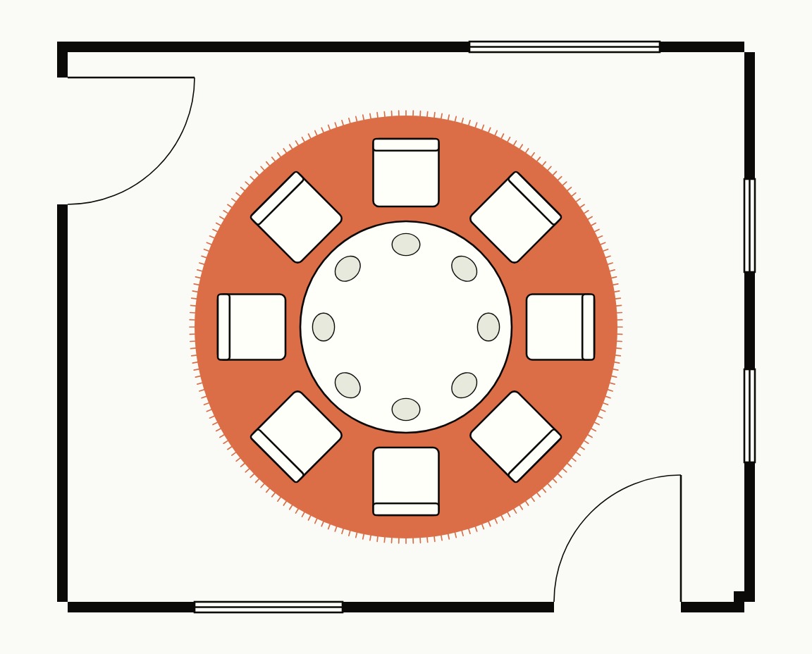 Dining room floor plan, top down, with a 60 inch round table and eight chairs on a 10 ft round rug