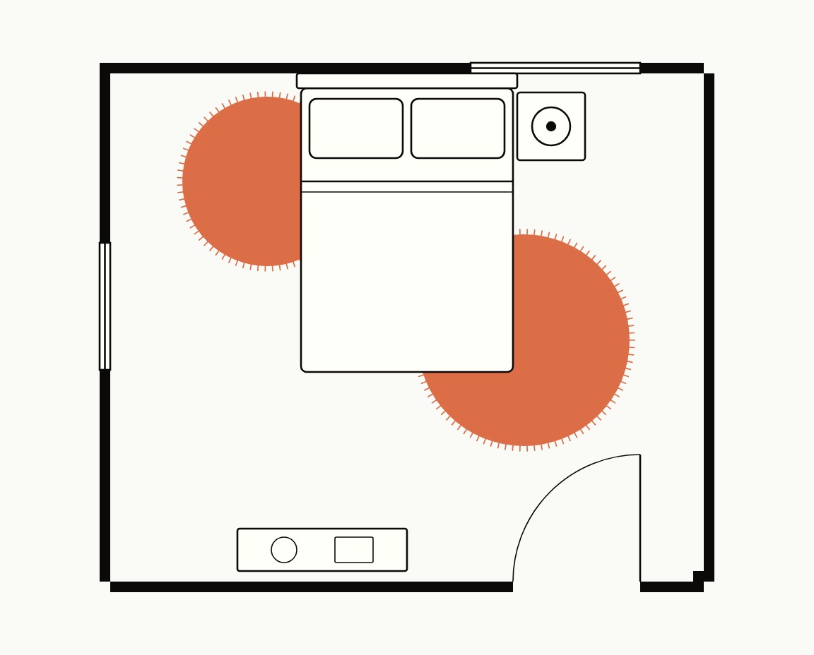 Bedroom floor plan, top down, with a 4 ft round rug at the head on one side and a 5 ft round rug at the foot on the other