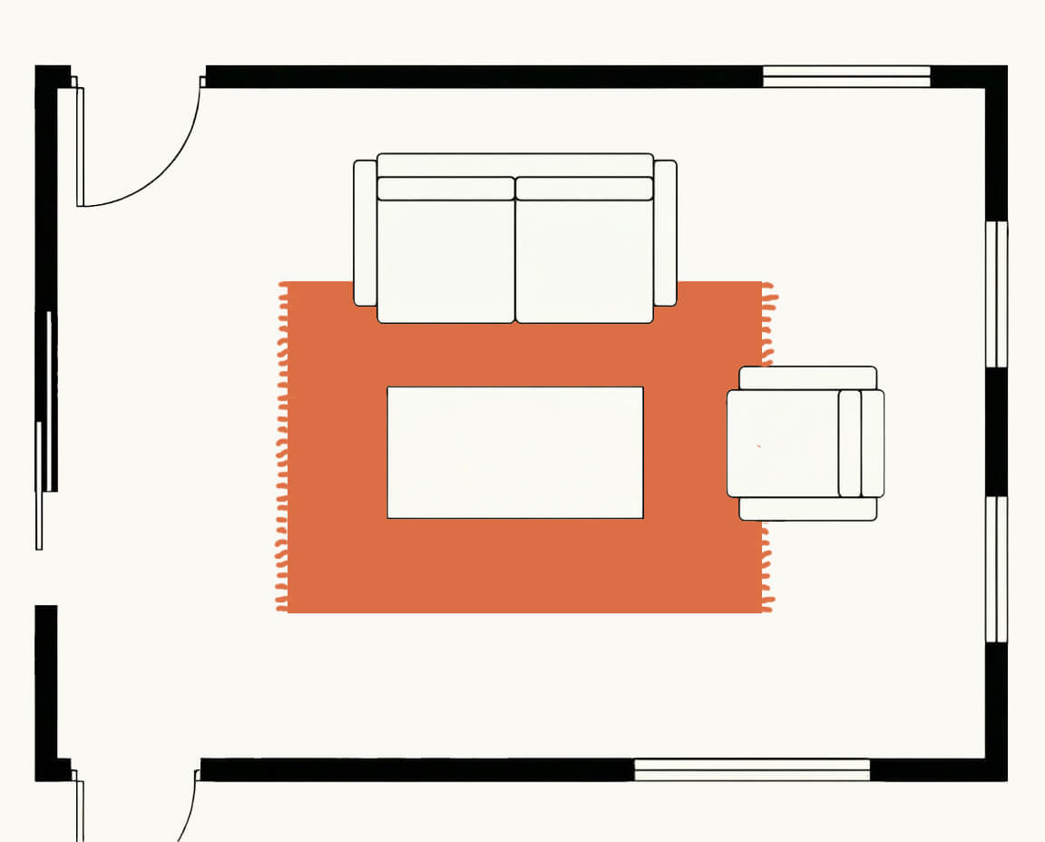 Living room floor plan, top down, with a 5x8 rug under the coffee table zone