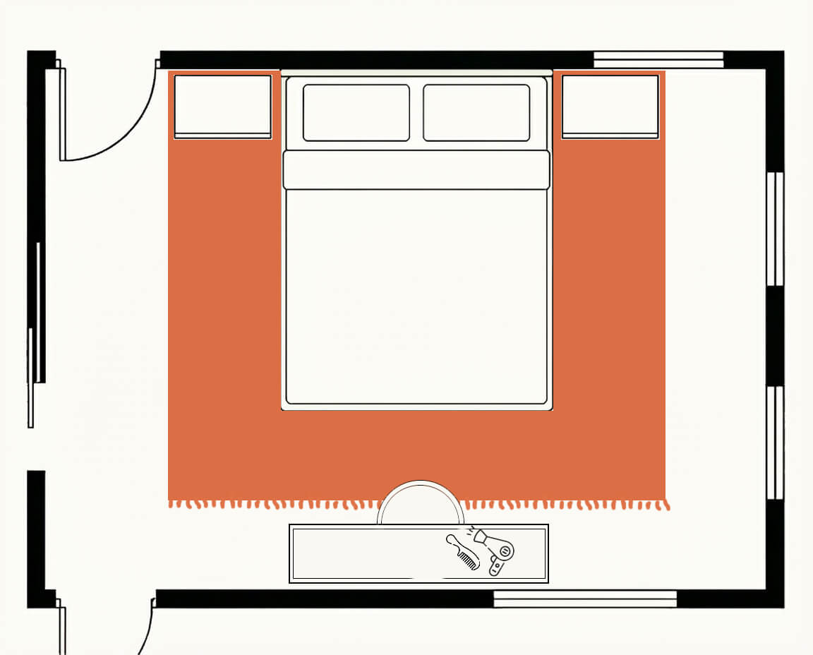 Bedroom floor plan, top down, with an 8x10 rug under the bed