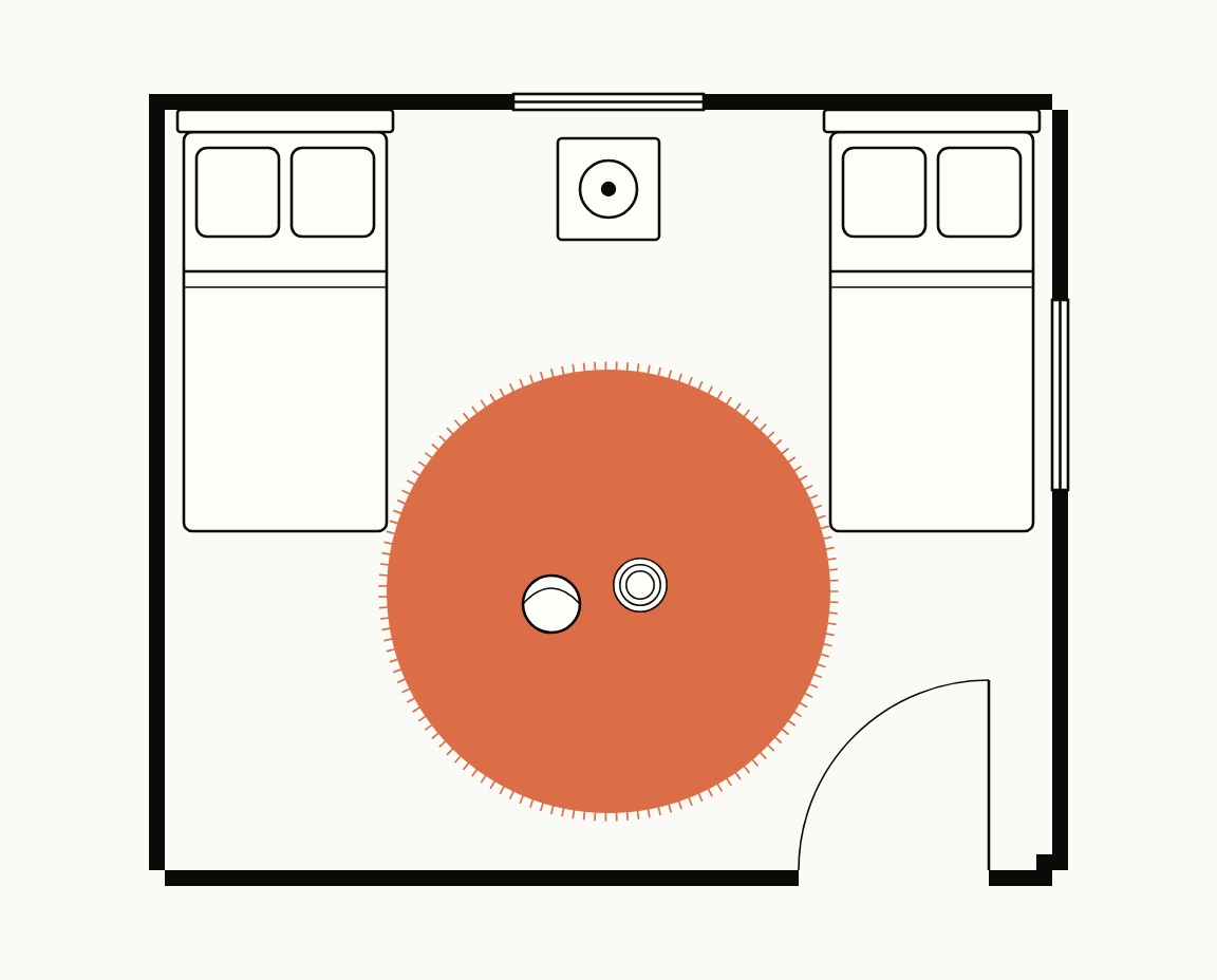 Kids room floor plan, top down, with two beds and a 7 ft round rug as the play zone