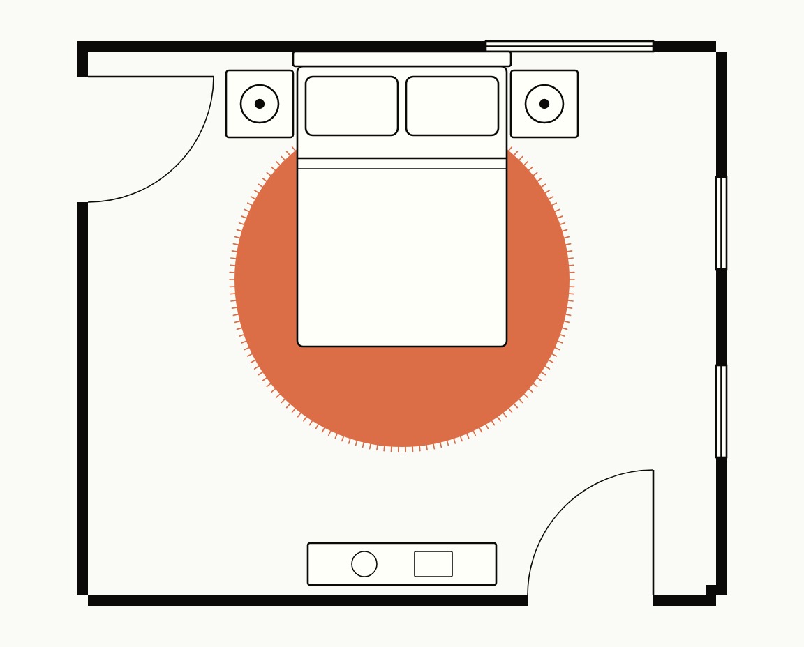 Bedroom floor plan, top down, with an 8 ft round rug under a queen bed