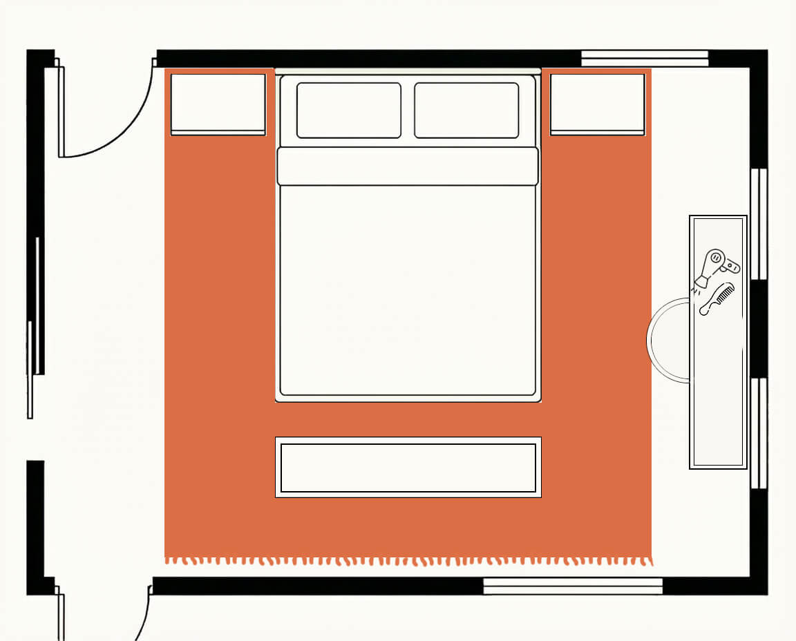Bedroom floor plan, top down, with a 9x12 rug under a king bed