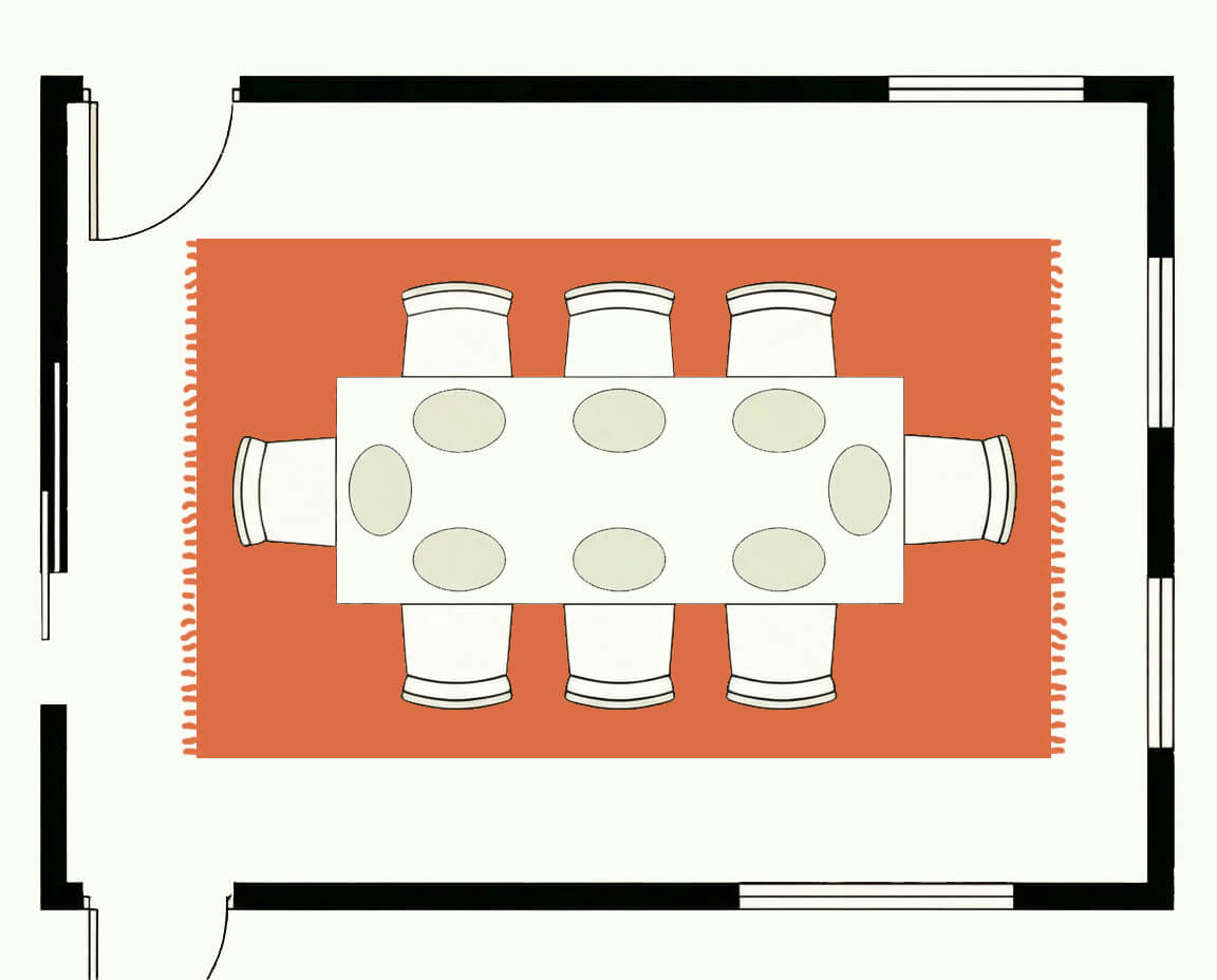 Dining room floor plan, top down, with a 9x12 rug under the table and chairs