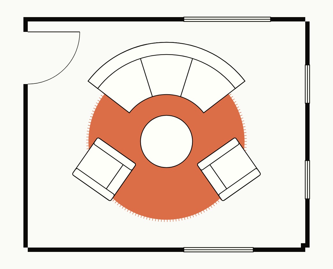 Living room floor plan, top down, with a long curved sofa and two armchairs, front legs on a 9 ft round rug around a round coffee table