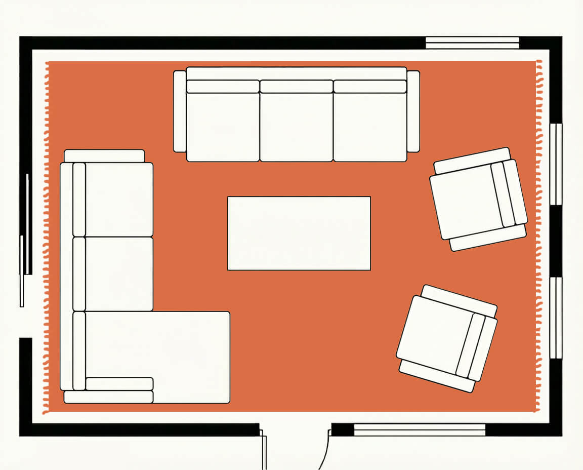 Living room floor plan, top down, with a 12x15 rug in an open plan room