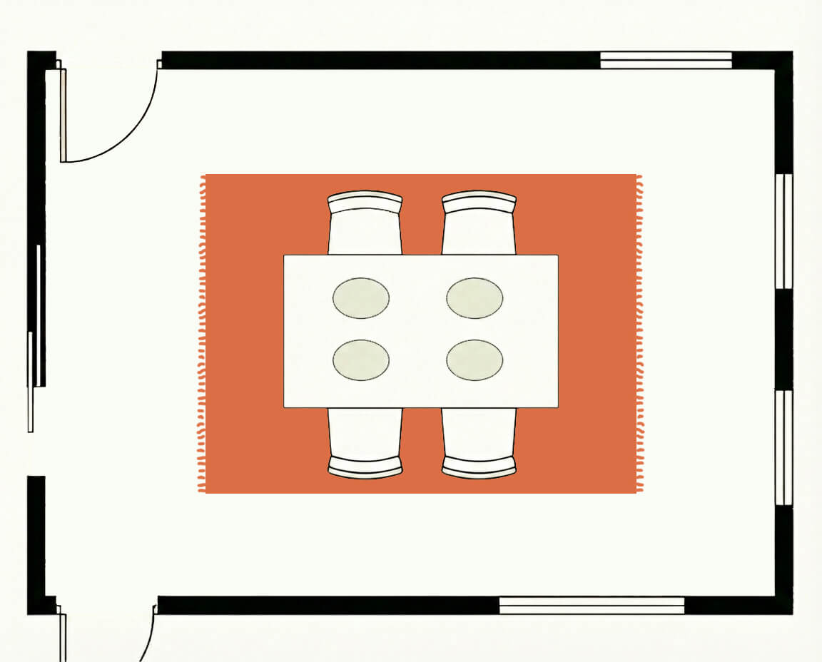Dining room floor plan, top down, with a 6x9 rug under a small table