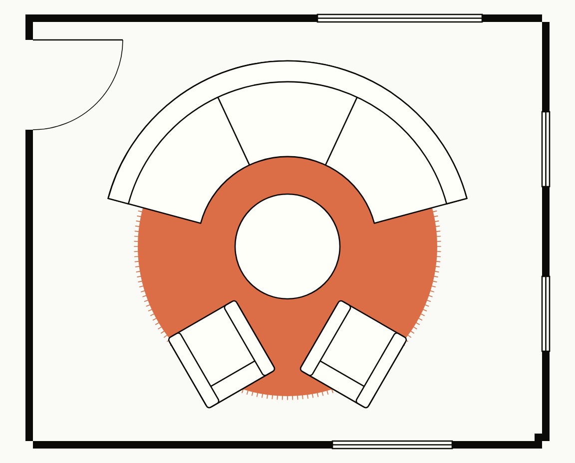Living room floor plan, top down, with a curved sectional wrapping a 10 ft round rug