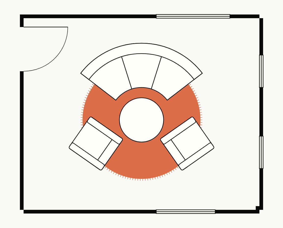 Living room floor plan, top down, with a curved sofa, front legs on an 8 ft round rug