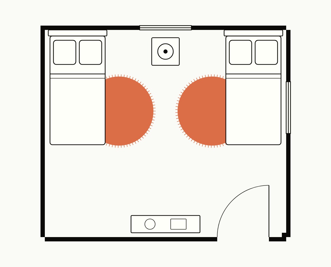 Kids room floor plan, top down, with a 4 ft round rug beside each of two beds