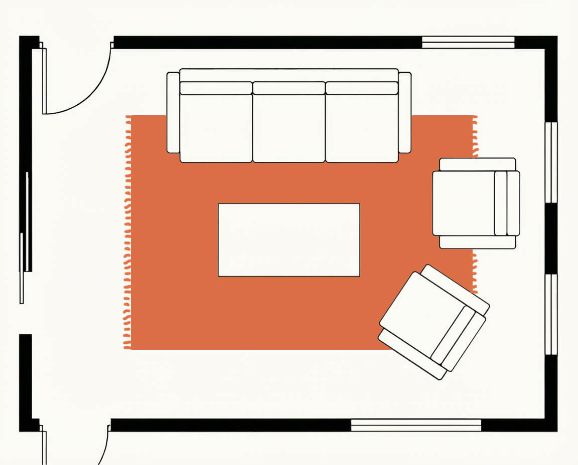 Living room floor plan, top down, with an 8x10 rug and the sofa front legs on
