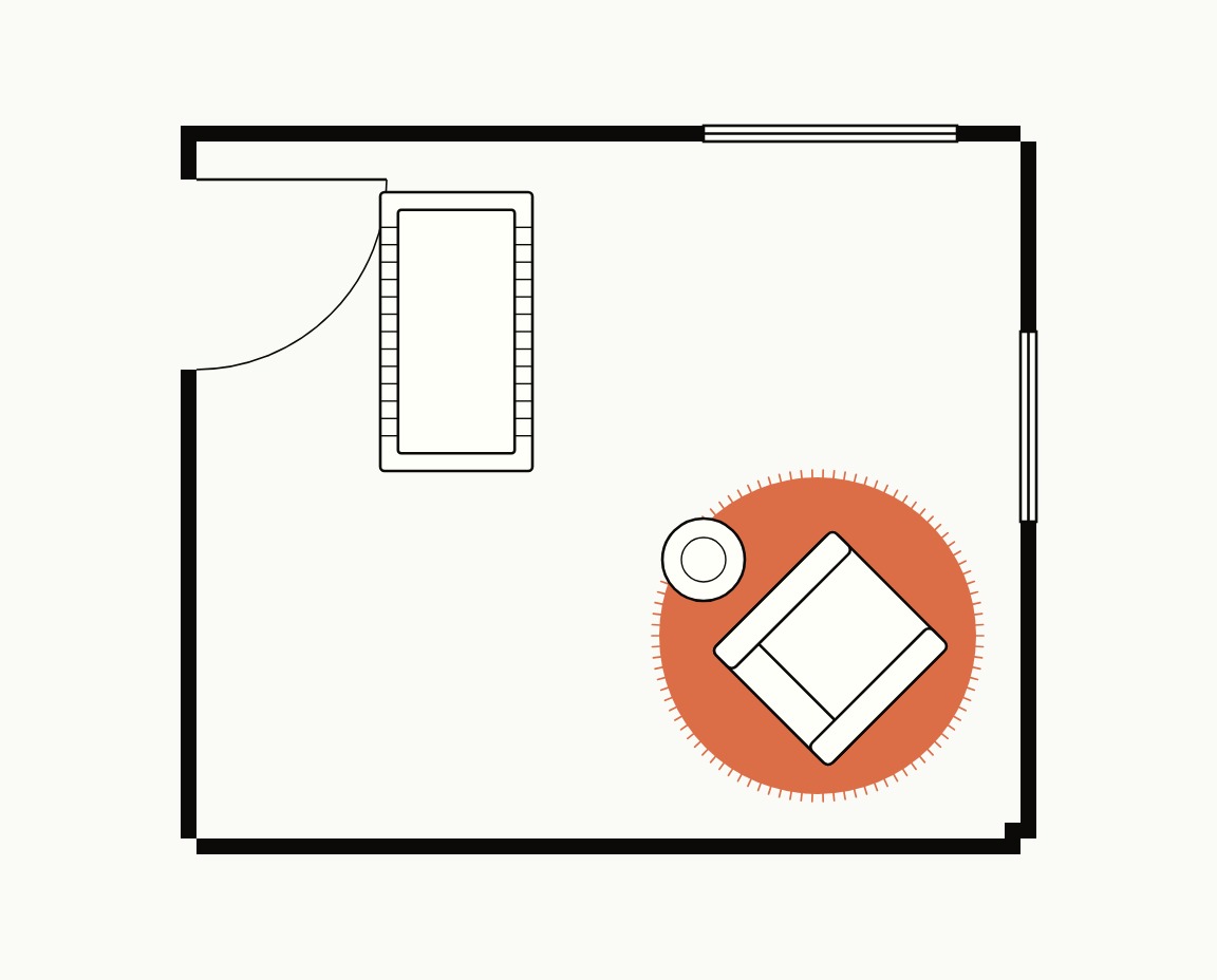 Nursery floor plan, top down, with a 5 ft round rug under the rocker in the corner