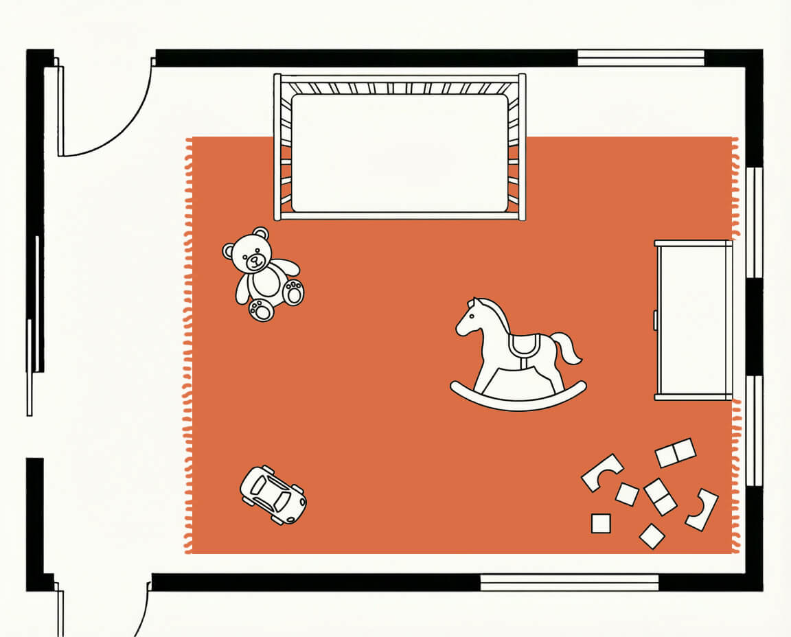 Nursery floor plan, top down, with a 6.5x10 rug under the crib and chair