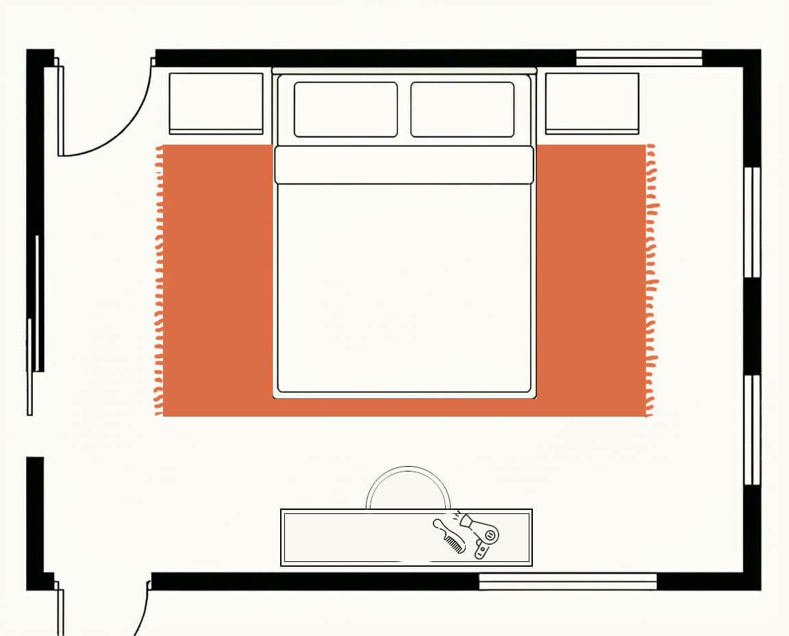 Bedroom floor plan, top down, with a rug under the lower two thirds of the bed