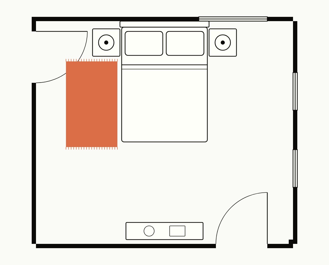 Bedroom floor plan, top down, with a 3x5 rug beside the bed, long side along the bed