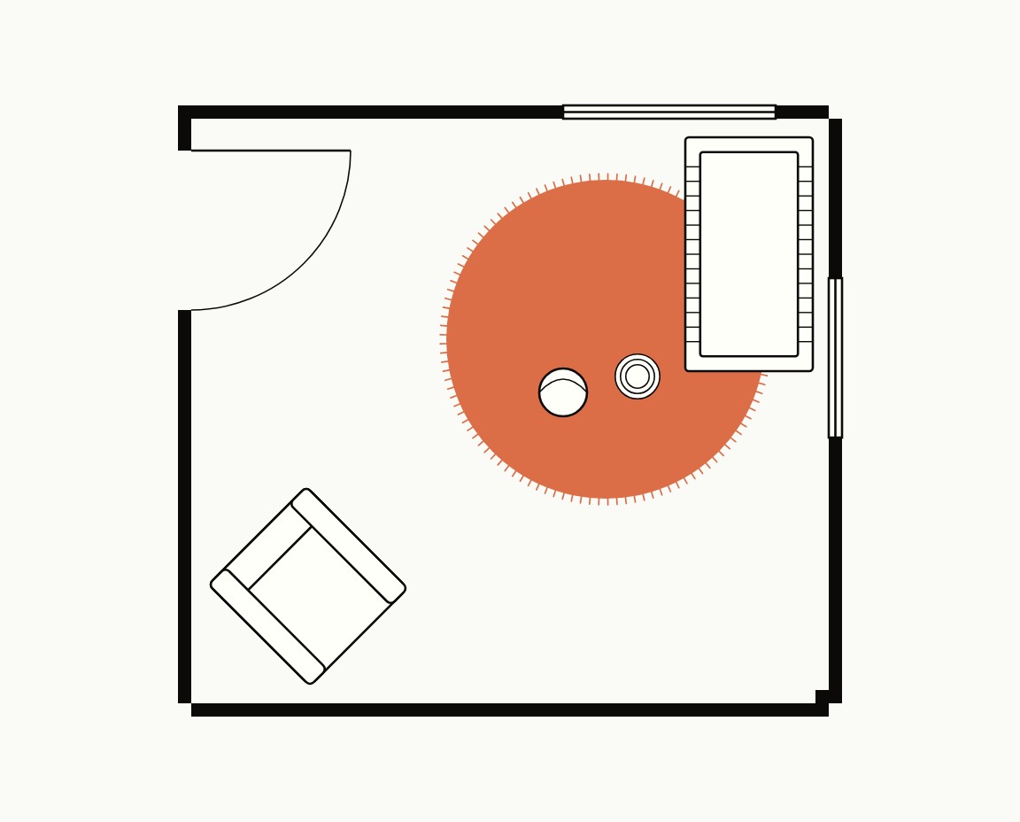 Nursery floor plan, top down, with a crib sitting on the edge of a 6 ft round rug