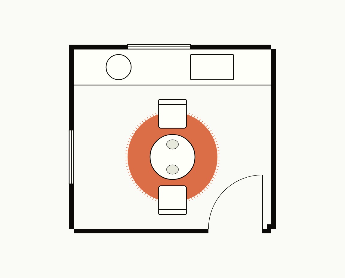 Kitchen floor plan, top down, with a 30 inch bistro table and two chairs on a 5 ft round rug
