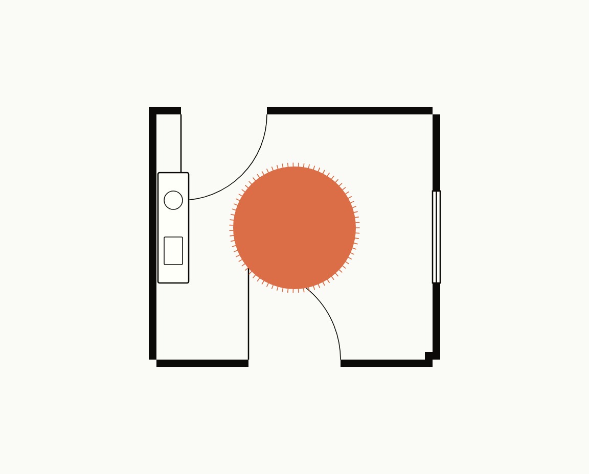 Entryway floor plan, top down, with a 4 ft round rug centered in the entry