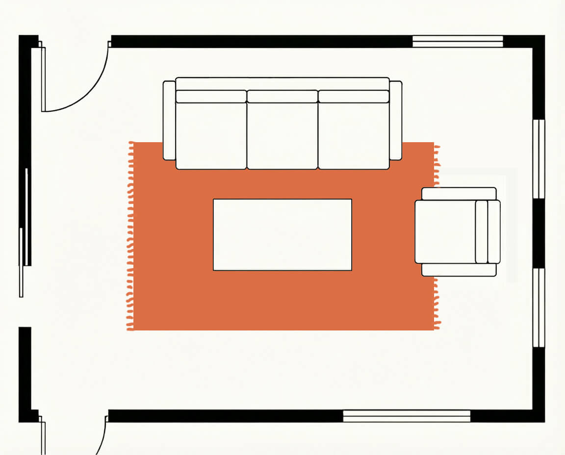 Living room floor plan, top down, with a 6x9 rug under the seating zone