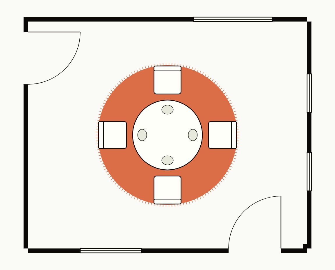 Dining room floor plan, top down, with a 48 inch round table and four chairs on an 8 ft round rug
