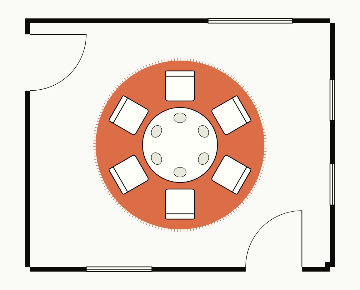 Dining room floor plan, top down, with a 48 inch round table and six chairs on a 9 ft round rug