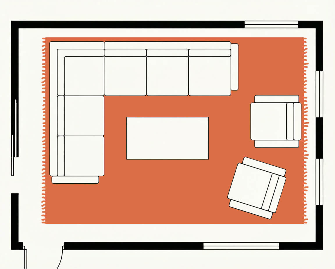 Living room floor plan, top down, with a 10x14 rug in a large room
