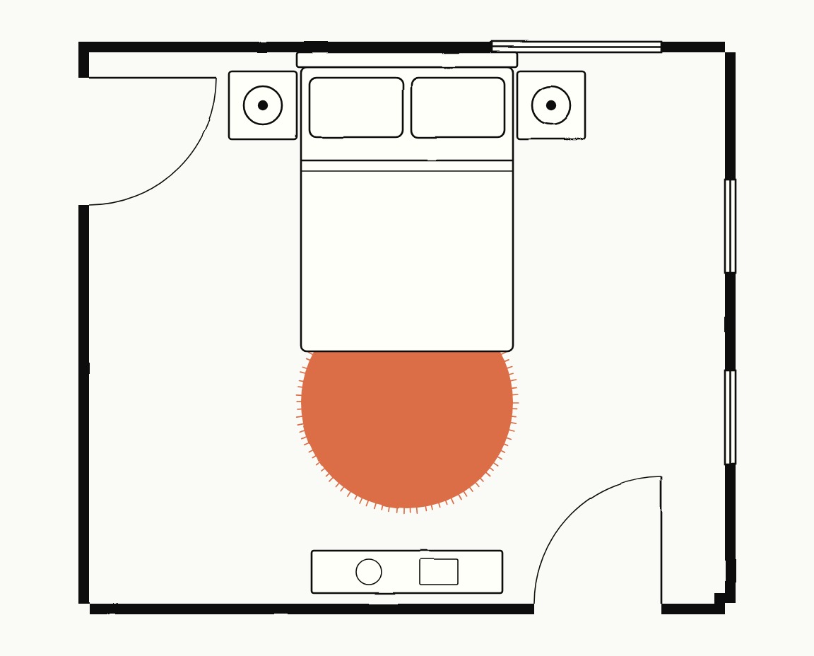 Bedroom floor plan, top down, with a 5 ft round rug at the foot of the bed