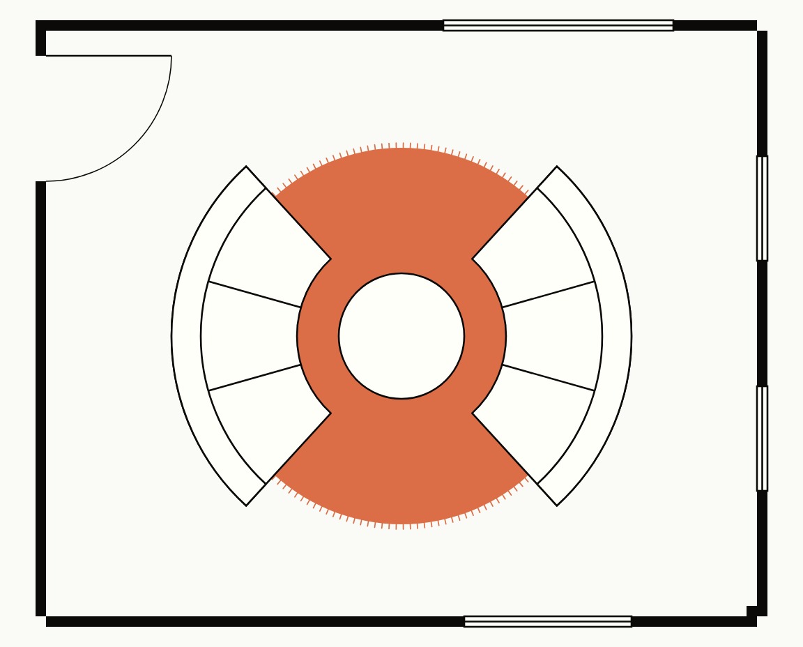 Living room floor plan, top down, with two curved sofas facing each other across a 9 ft round rug