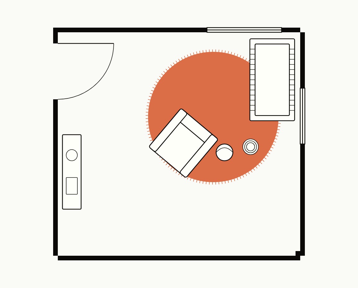 Nursery floor plan, top down, with a crib on the edge of a 7 ft round rug and a rocker on the rug