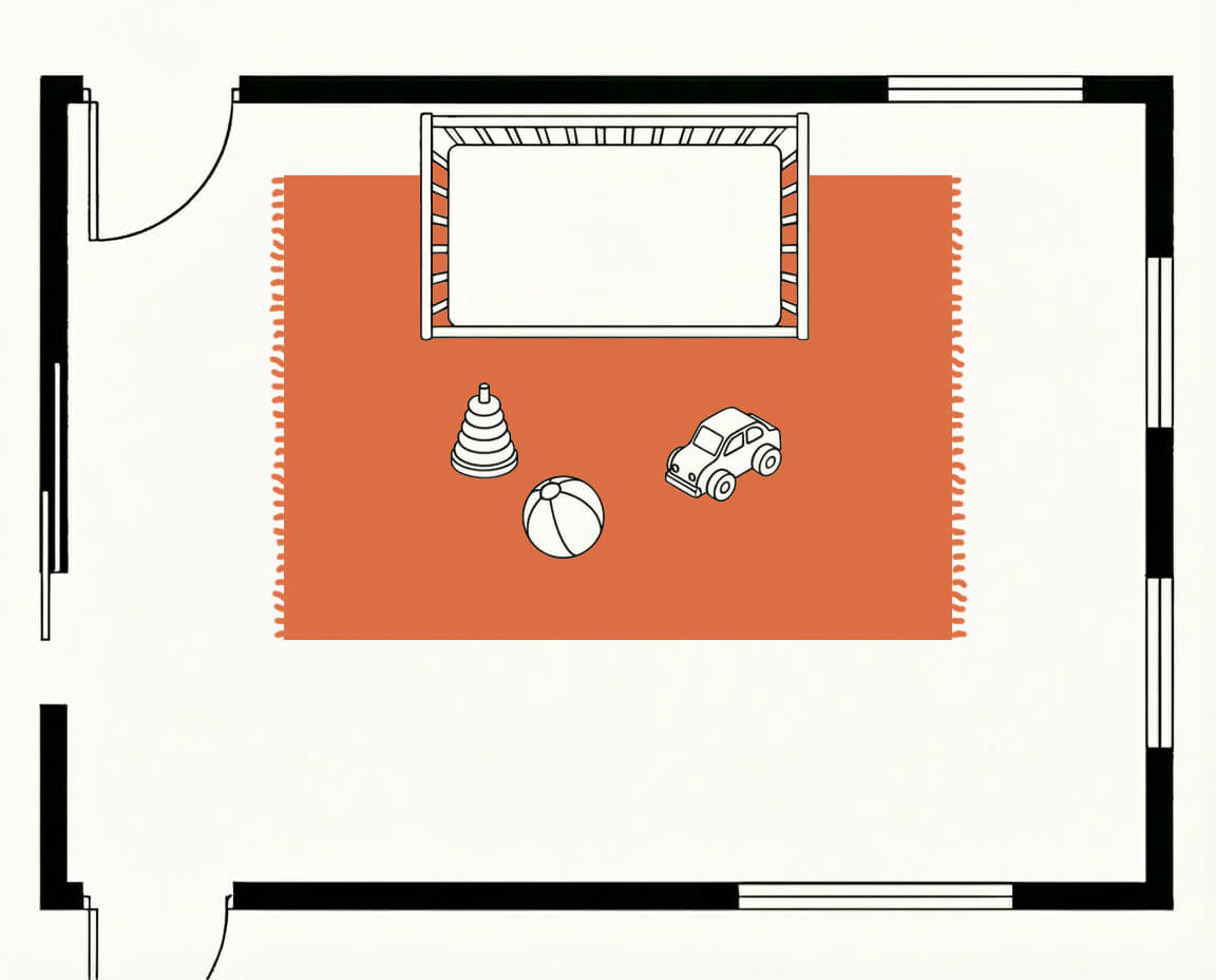 Nursery floor plan, top down, with a 5x8 rug under and around the crib