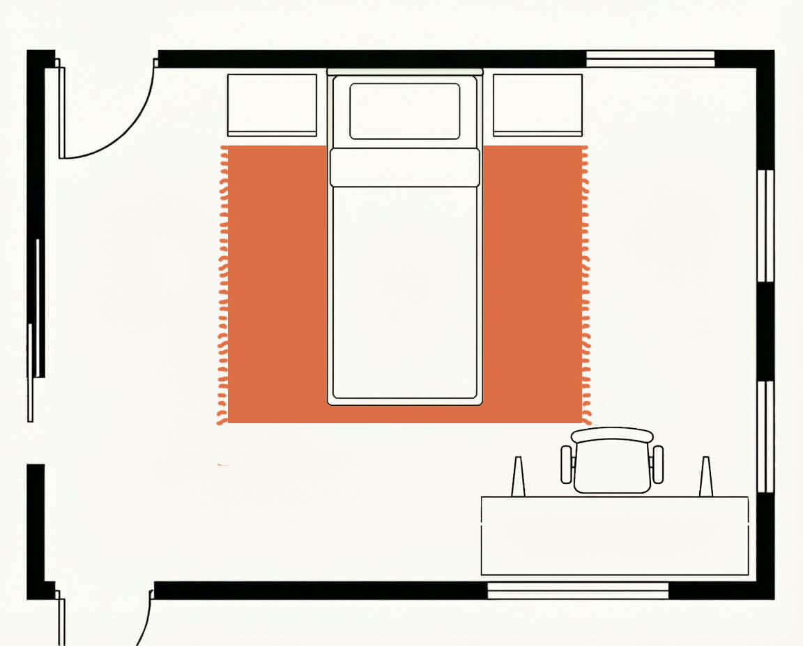 Kids room floor plan, top down, with a 5.5x7.5 rug covering the play area