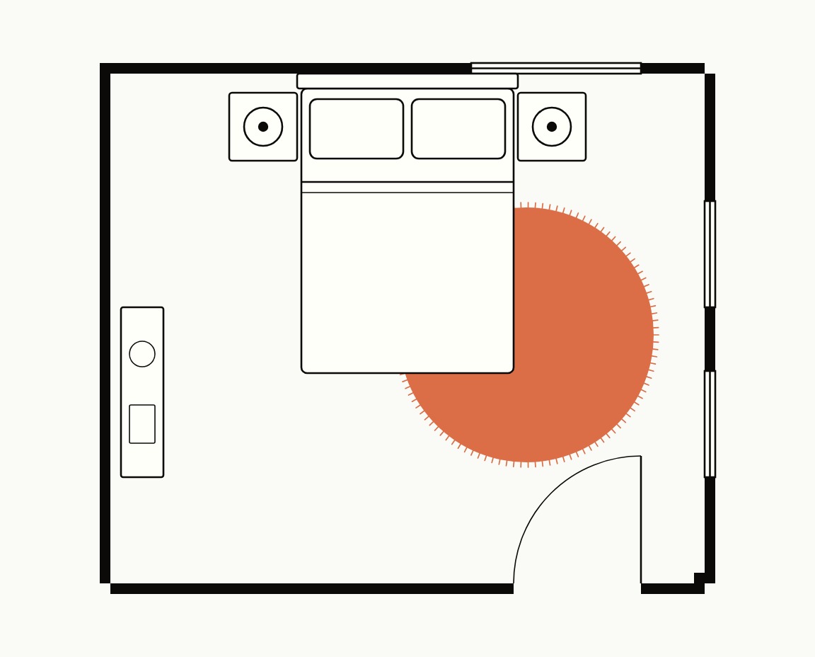 Bedroom floor plan, top down, with a 6 ft round rug at the lower corner of the bed, running past the foot