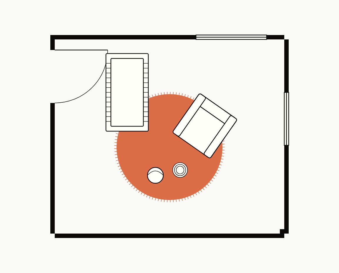 Nursery floor plan, top down, with a 6 ft round rug for a crib-side chair and play space