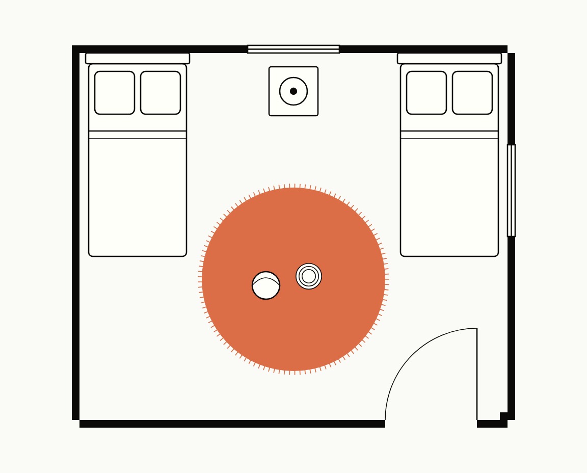 Kids room floor plan, top down, with two beds and a 6 ft round rug as the play zone