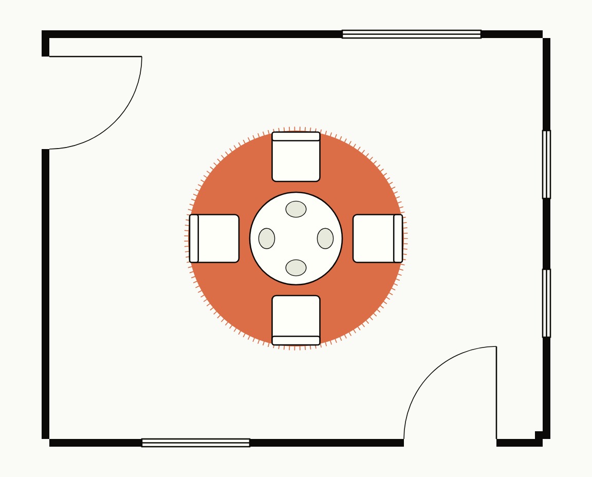 Dining room floor plan, top down, with a 36 inch round table and four chairs on a 7 ft round rug