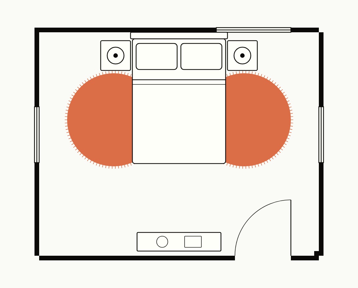 Bedroom floor plan, top down, with a 5 ft round rug on each side of the bed, a third under the bed