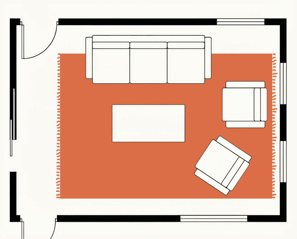 Living room floor plan, top down, with a 9x12 rug and all seating legs on