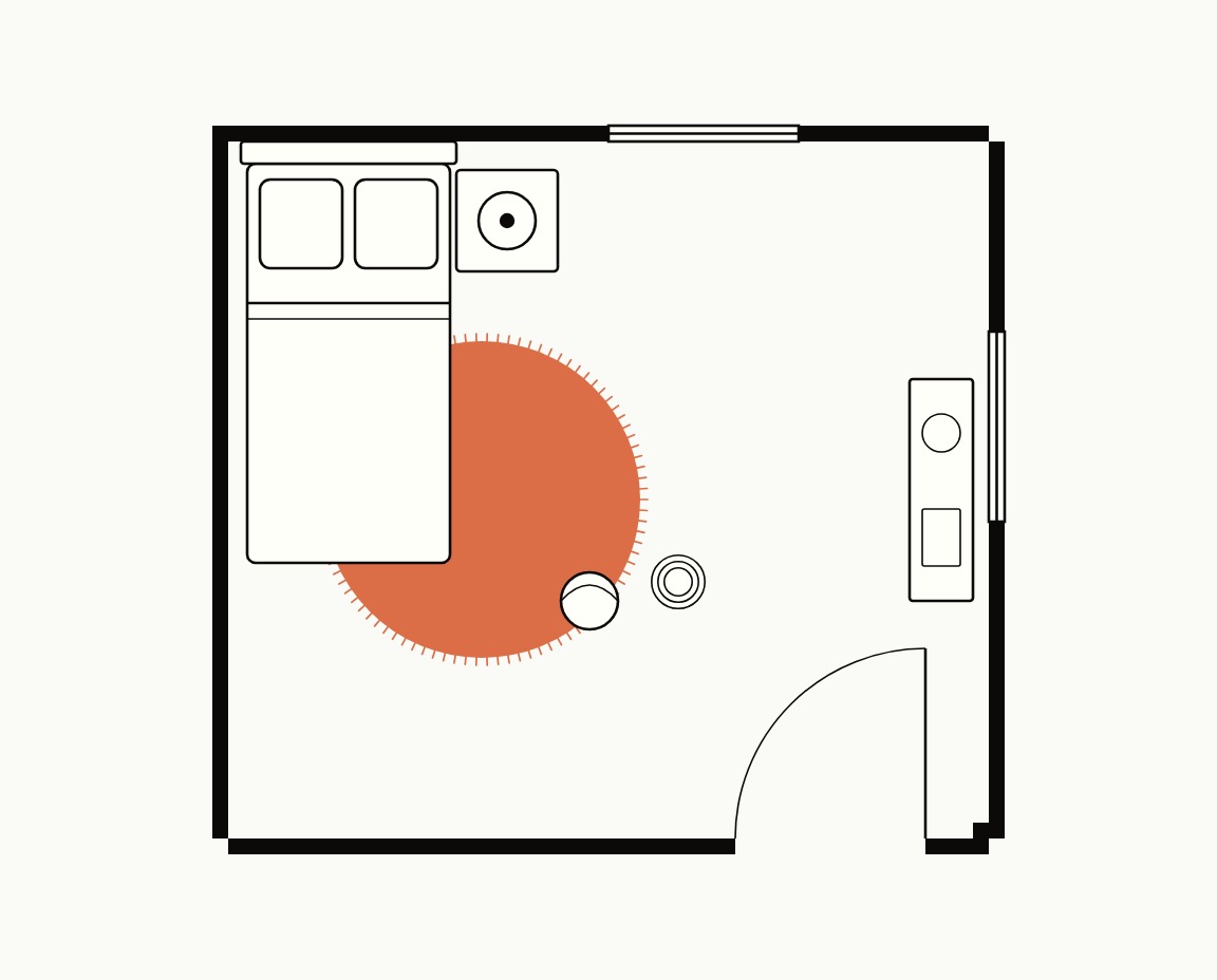 Kids room floor plan, top down, with a single bed and a 5 ft round rug at its lower corner