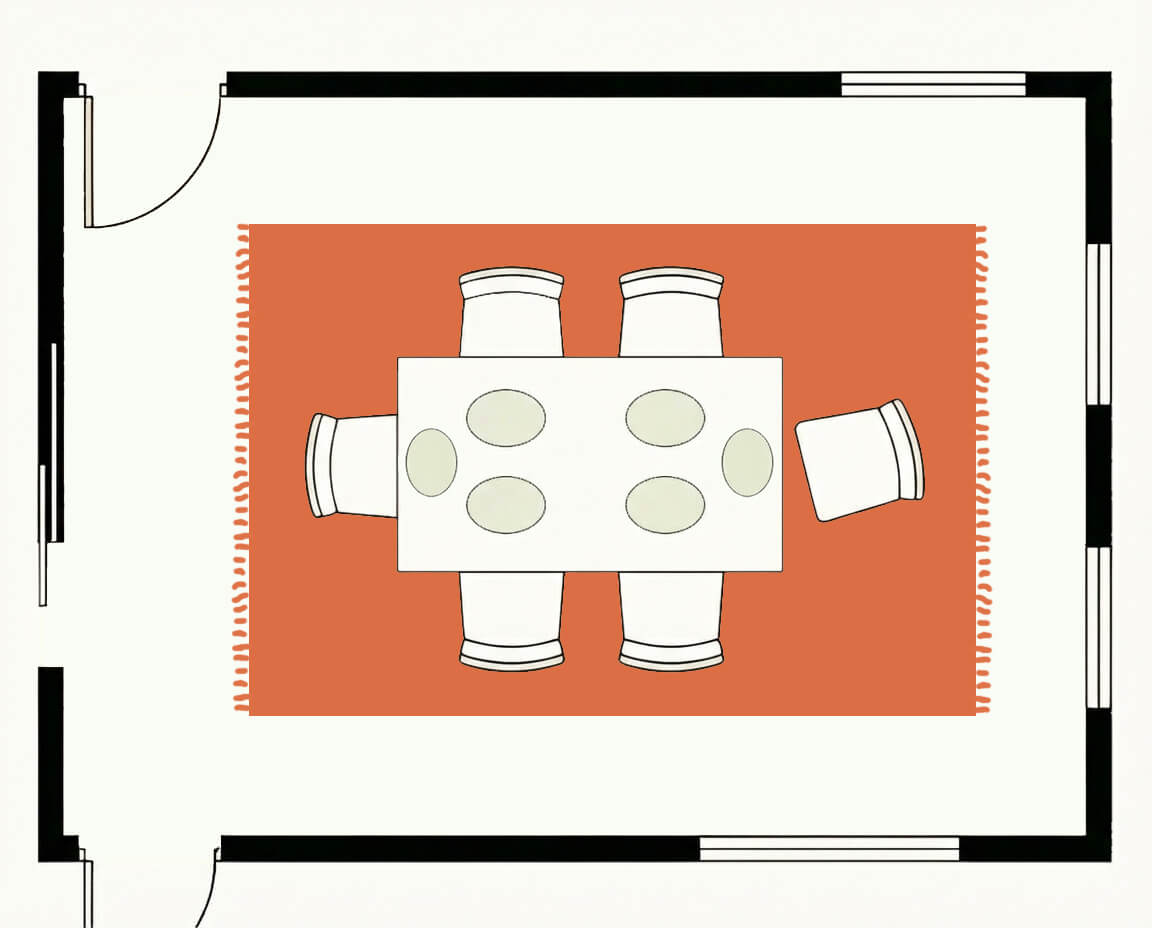 Dining room floor plan, top down, with an 8x10 rug under the table and chairs