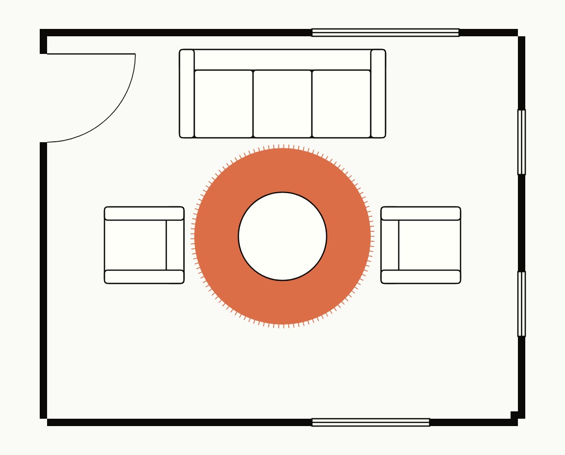 Living room floor plan, top down, with a 6 ft round rug under a round coffee table, seating just off the edge