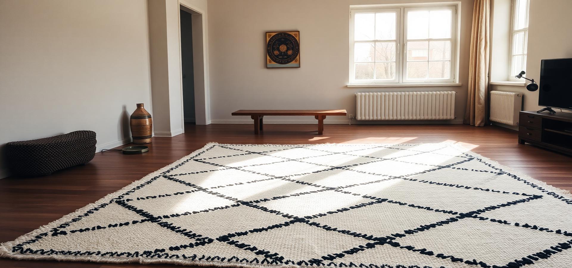 Ashfield rug anchoring a architectural living room in warm interior light