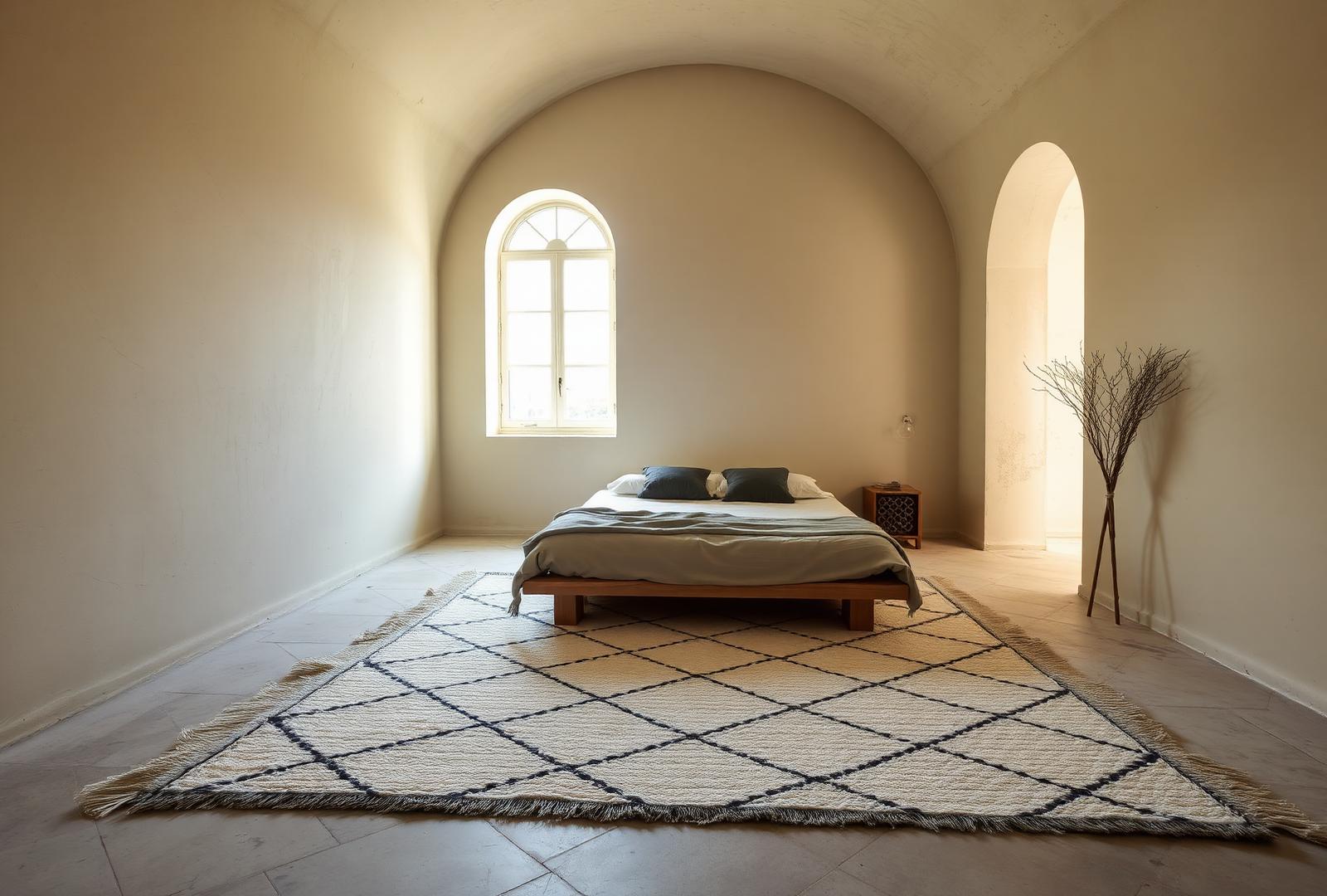 Cirrus rug anchoring a sunlit bedroom in warm interior light