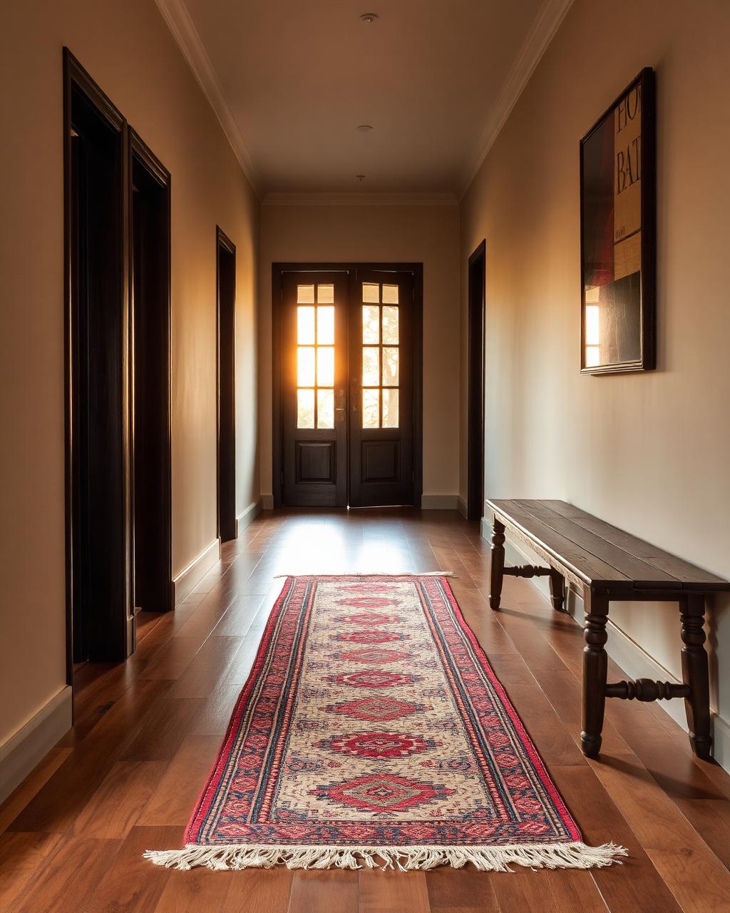 Lowline rug anchoring a narrow hallway in warm interior light