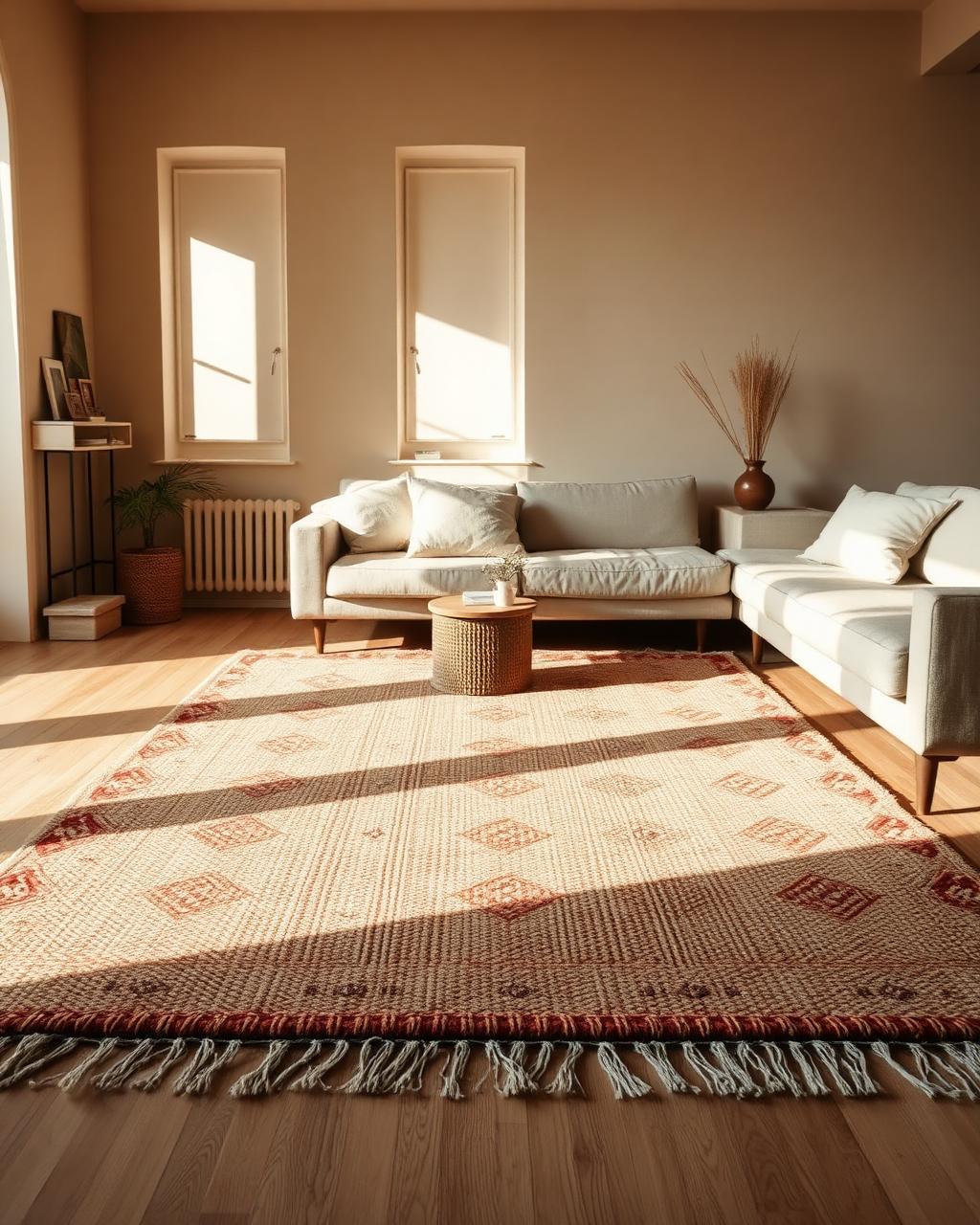 Snowline rug anchoring a styled living room in warm daylight