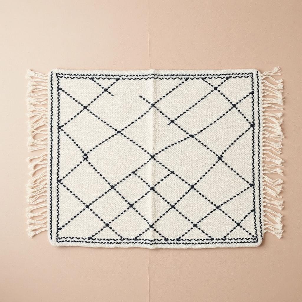 Snowline rug photographed flat from overhead, ivory wool with ink lines