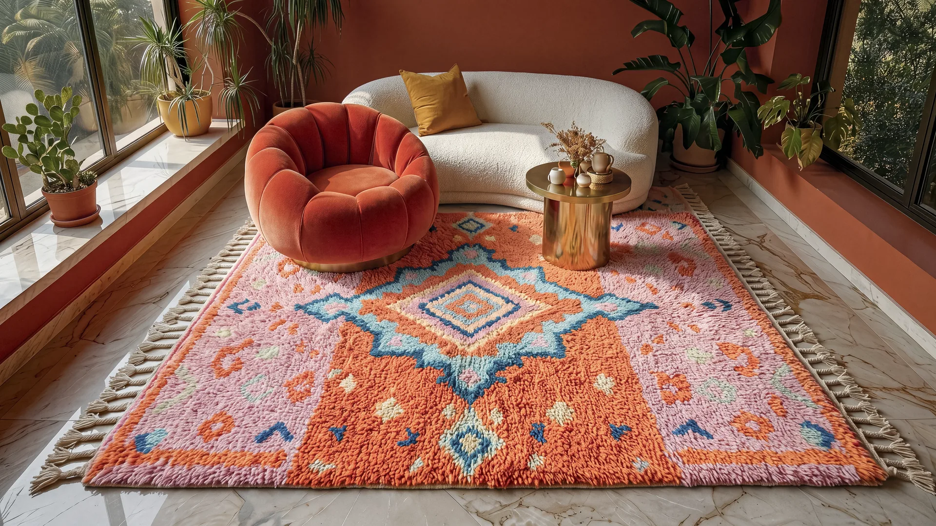 Zahra hand-knotted Boujaad rug in a living room