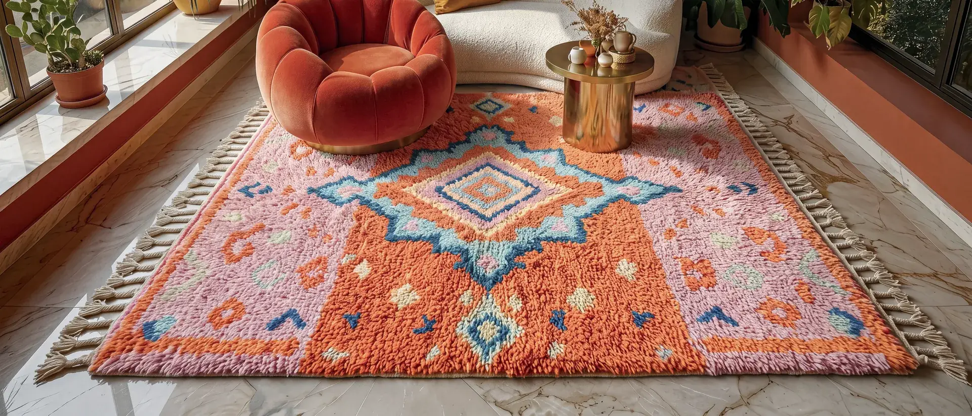 Zahra orange and pink hand-knotted Boujaad rug in a sunroom