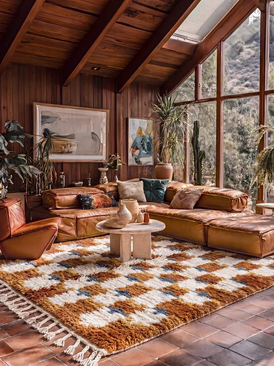 Tamment rust and ivory checkered Berber rug in a living room